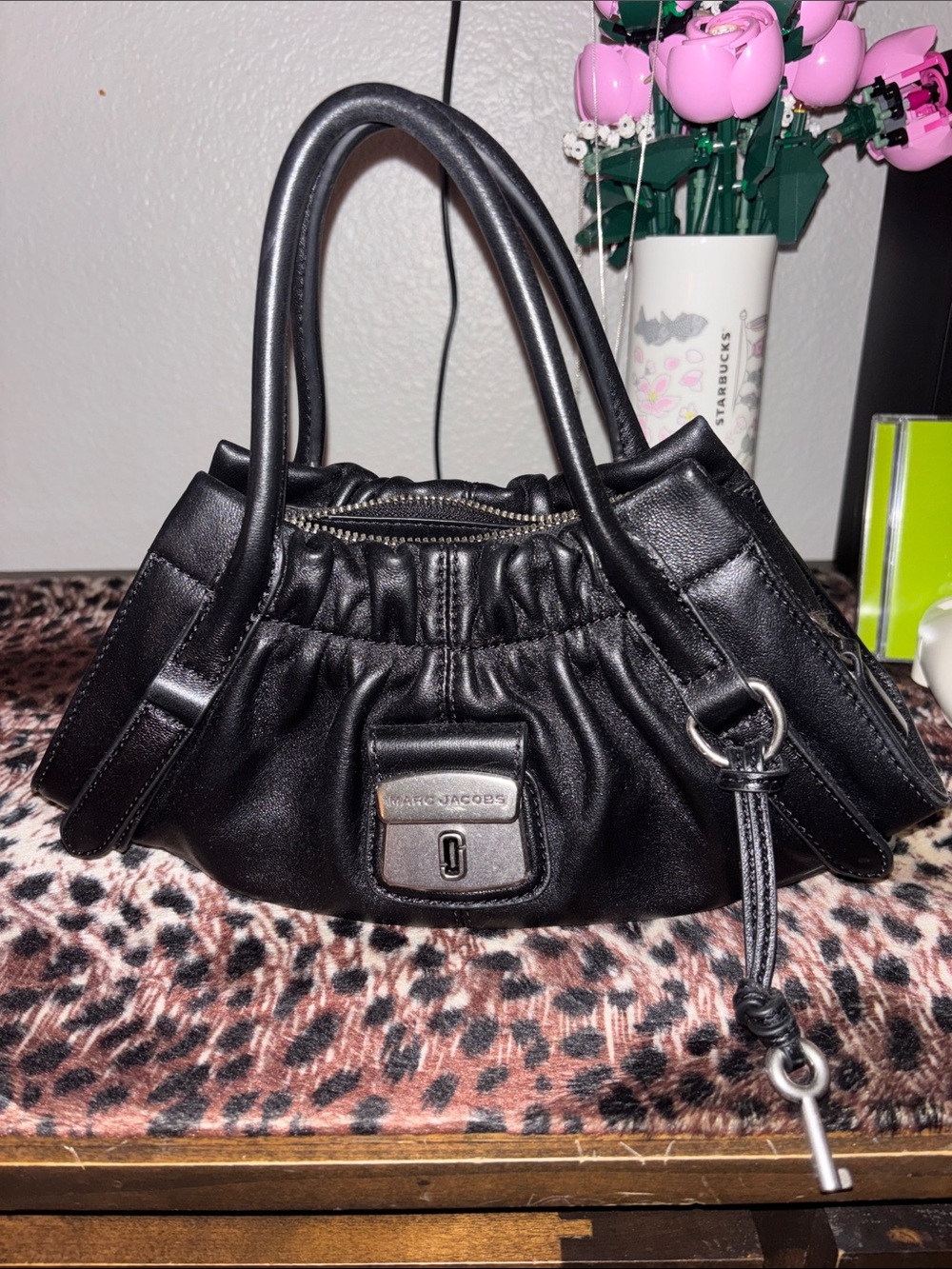 Marc Jacobs Black Gathered Leather Shoulder Bag with Key Charm
